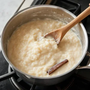 Creamy arroz con leche thickening as it is stirred with a wooden spoon.
