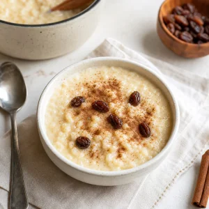 Finished arroz con leche served in a bowl with cinnamon and raisins.