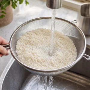 Rinsing long-grain white rice in a fine-mesh sieve under cold water.