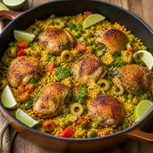 Fertiges Arroz con Pollo mit Erbsen, Oliven, Koriander und Limette