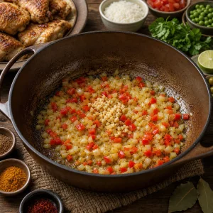 Zwiebel, rote Paprika und Knoblauch duensten im Topf