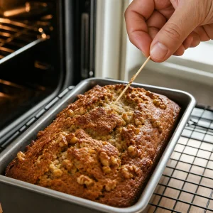 Pan de plátano con nueces horneado probado con un palillo