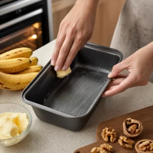 Molde para pan engrasado listo para la masa de pan de plátano