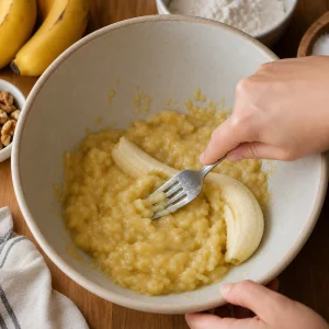 Plátanos maduros machacados con un tenedor en un bol