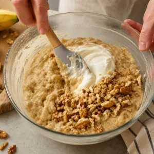 Nueces y yogur incorporados a la masa de pan de plátano
