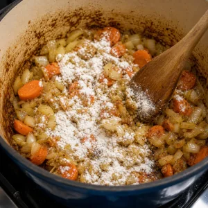 Flour sprinkled over softened vegetables and stirred into the pie filling base.