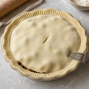 Puff pastry draped over the beef filling with fork-crimped edges and a steam slit.