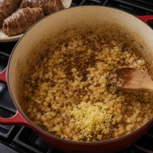 Chopped onion and garlic cooking in browned pan juices.