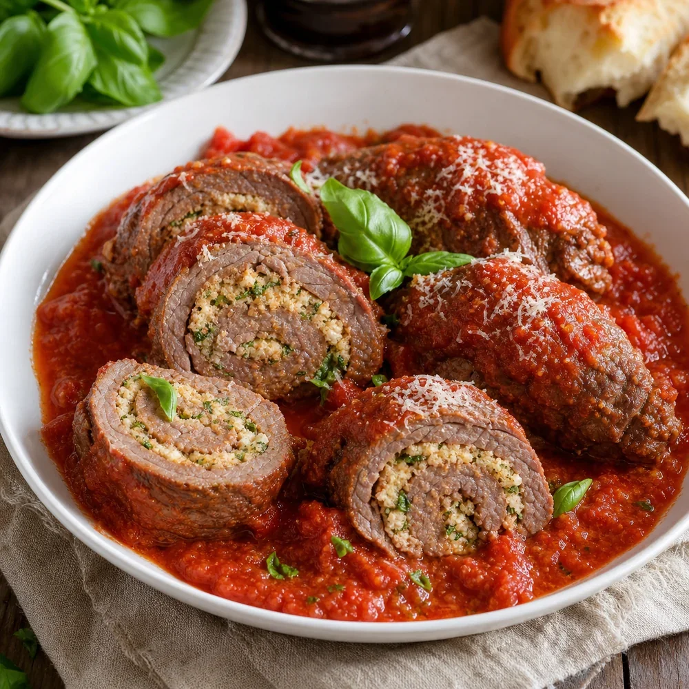 Sliced beef braciole served in tomato sauce with basil.