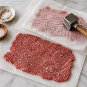 Thin beef cutlets flattened between parchment for braciole.