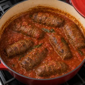 Tied braciole rolls simmering in tomato sauce.