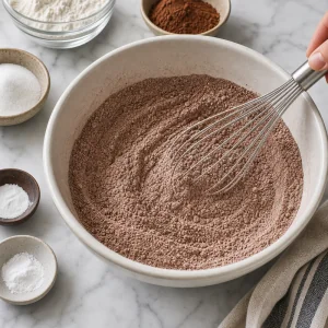 Cocoa, flour, sugar, and leaveners whisked into a dry chocolate cake mixture.