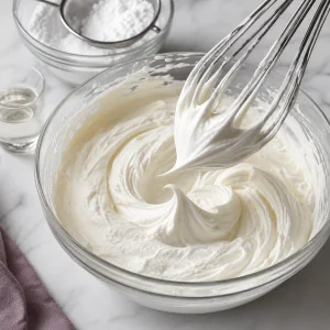 Whipped cream forming stiff peaks in a glass mixing bowl.