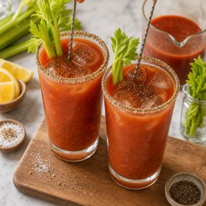 Bloody Mary cocktails gently stirred with bar spoons