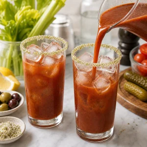 Bloody Mary mix poured over ice in rimmed glasses