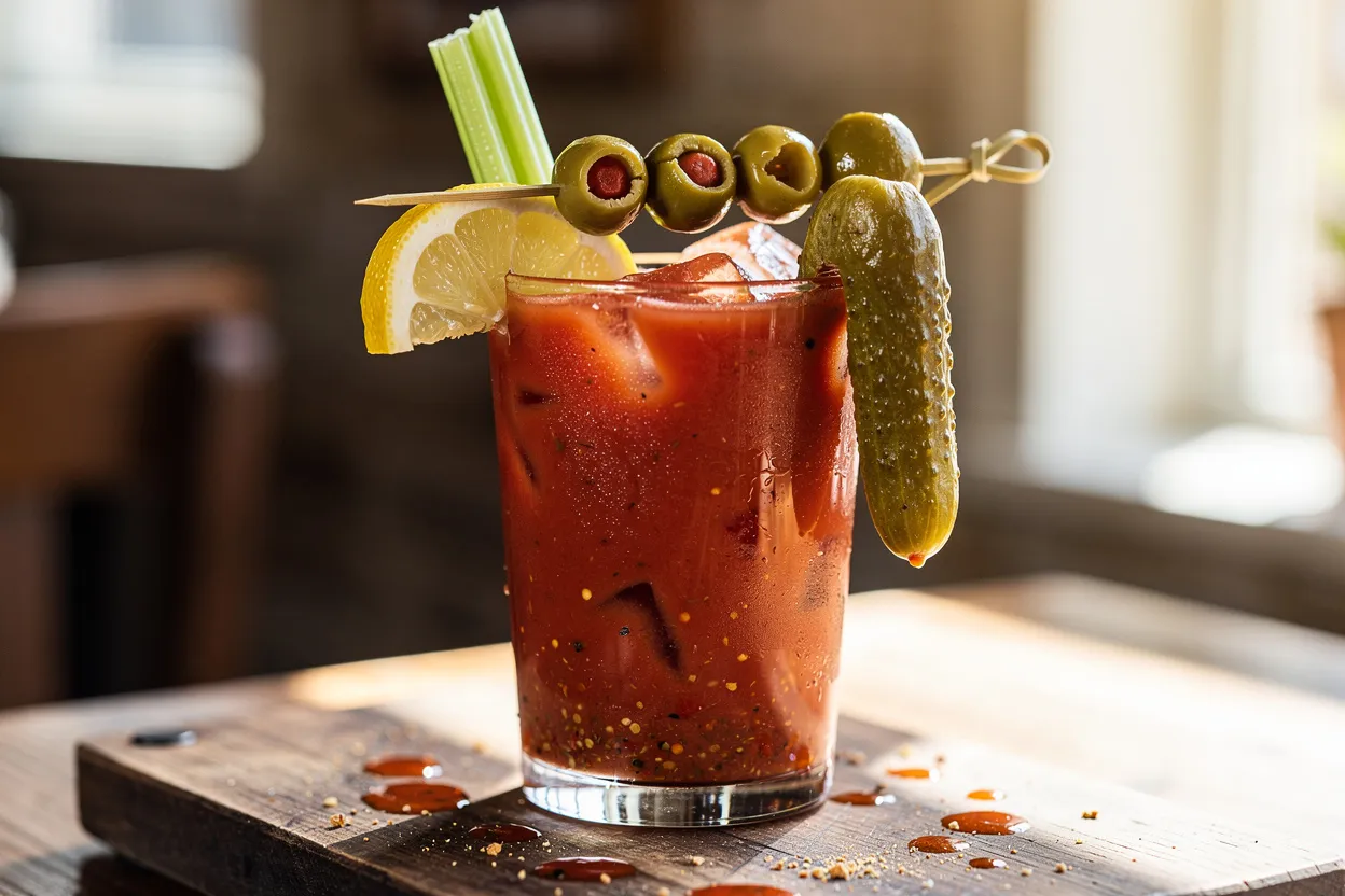 Classic Bloody Mary Cocktail with Homemade Mix and Garnish