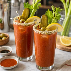 Finished Bloody Mary cocktails with celery, lemon, pickles, and olives