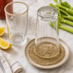 Highball glass rims dipped in celery salt