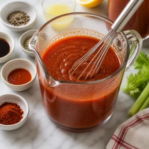 Homemade Bloody Mary mix whisked in a pitcher