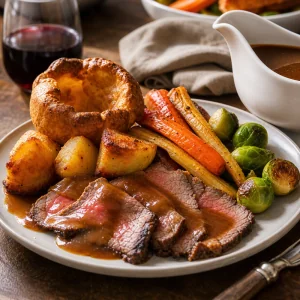 Piatto finale del Sunday roast con manzo, verdure, Yorkshire pudding e salsa.