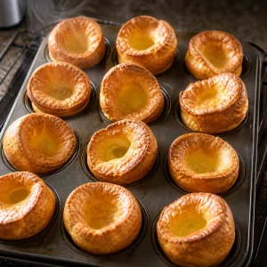 Yorkshire pudding dorati e gonfi in uno stampo da muffin.