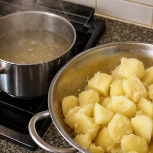 Patate sbollentate e scolate con bordi ruvidi e soffici.