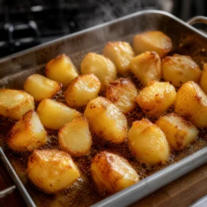 Patate arrosto che diventano croccanti in olio caldo e burro.