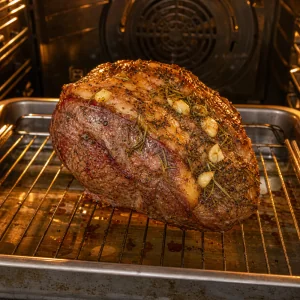 Manzo condito in forno su una griglia mentre si forma la crosta.