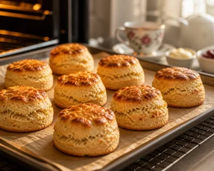 Scones dorati e lievitati su una teglia