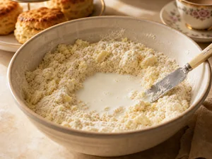 Latte versato al centro della miscela per scones