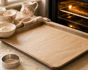 Teglia con carta forno accanto a un forno caldo