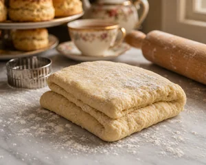Impasto morbido per scones piegato su un piano infarinato