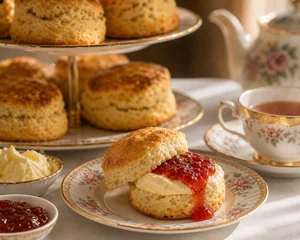 Scones caldi con clotted cream e marmellata di fragole