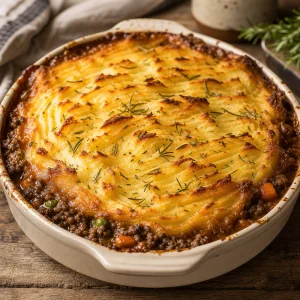 Cheddar mash spread over lamb filling in a baking dish