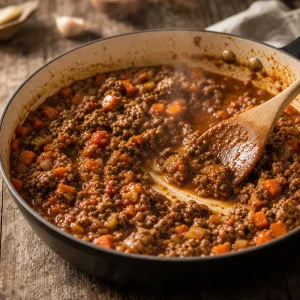 Ground lamb browning beside softened vegetables in a skillet