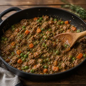 Lamb and vegetables simmering in a thick tomato gravy