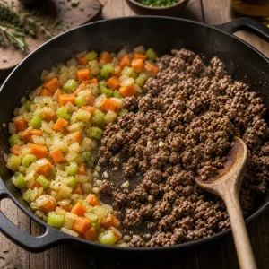 Onion, carrots and celery sauteing in a skillet