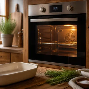 Oven preheating beside a ceramic baking dish and rosemary