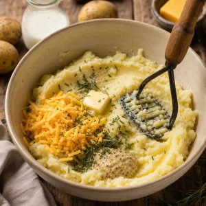 Peas and herbs stirred into lamb shepherd's pie filling