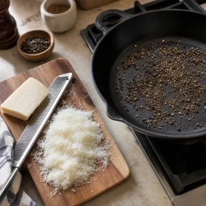 Grated Pecorino Romano beside cracked black pepper toasting in a dry skillet
