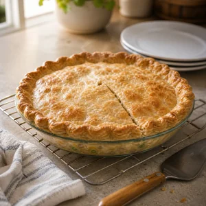 Baked tuna pie resting on a rack before slicing and serving