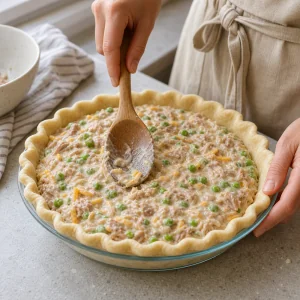 Creamy tuna filling spread evenly inside the prepared pie crust