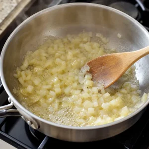 Diced onion softening in foaming butter in a saucepan