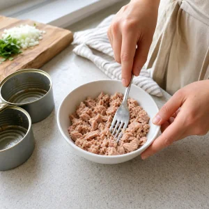 Drained canned tuna being flaked with a fork in a small bowl