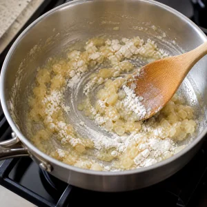 Flour stirred into buttery onions to make a pale roux