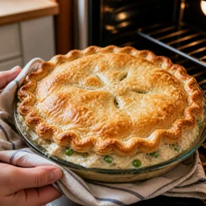Golden tuna pie baked until the crust is browned and filling bubbles at the edges