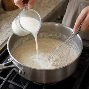 Milk poured into a roux while whisking a creamy sauce