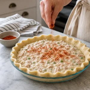 Paprika sprinkled over the creamy tuna pie filling before baking