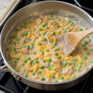 Tuna peas and cheddar stirred into the thick creamy filling