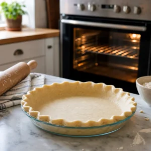 Unbaked pie crust fitted into a pie dish with the oven preheating nearby